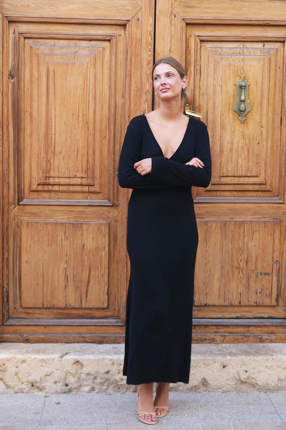 Black Dress Ame Size M Front Arms Crossed Alternate Pose