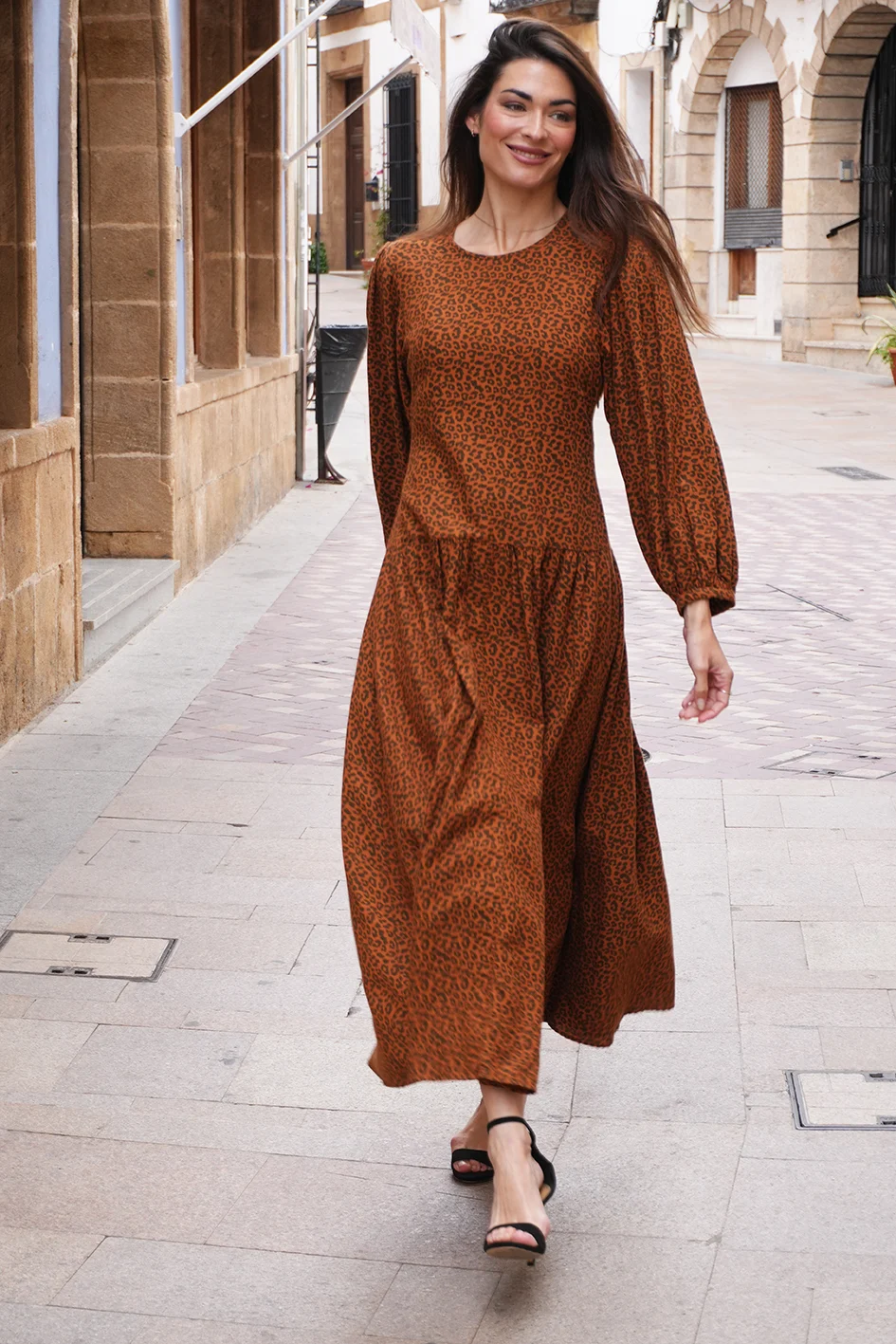 Brown leopard print maxi dress The new society size s model walking front