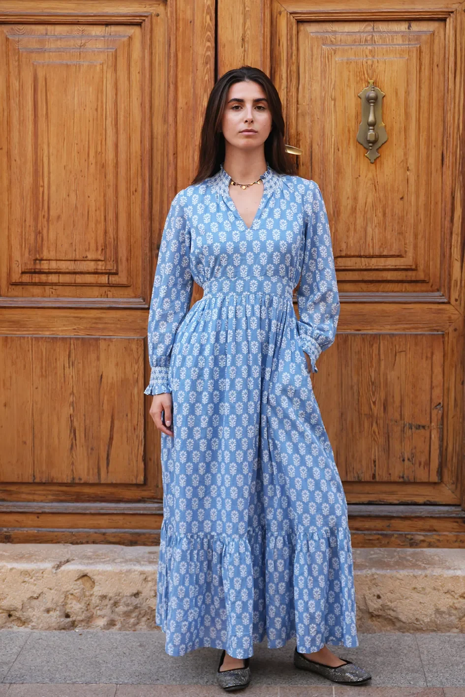Blue White Print Dress Aspiga Organic cotton size S front main
